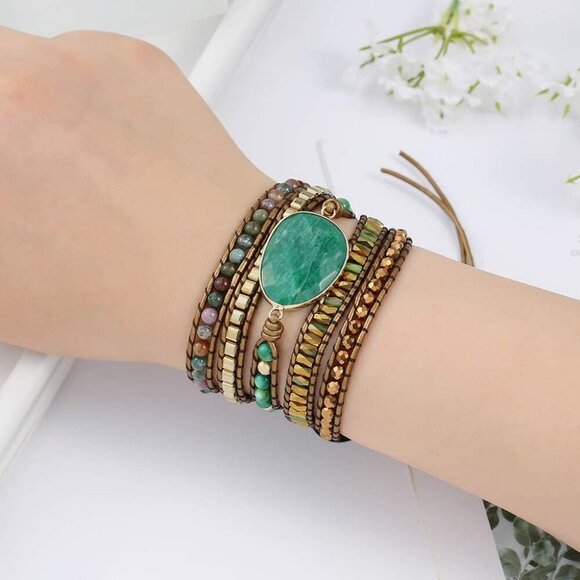 Women Boho Handmade Natural Stone Crystal Leather Bead Wrap Bracelets Collection - Picture 2 of 6